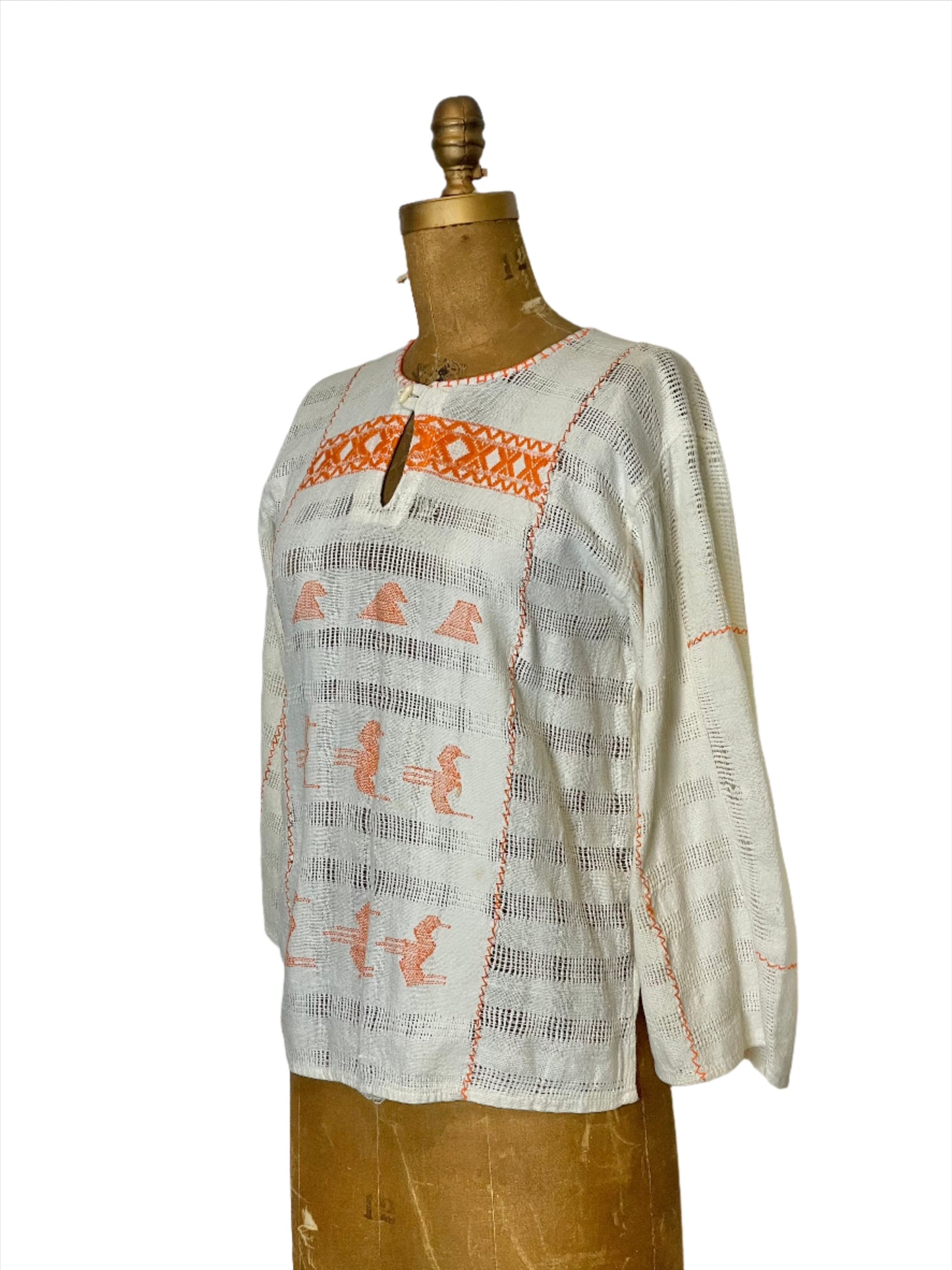 Vintage Ivory Gauze Long Sleeve Blouse w/Orange Embroidery - MED