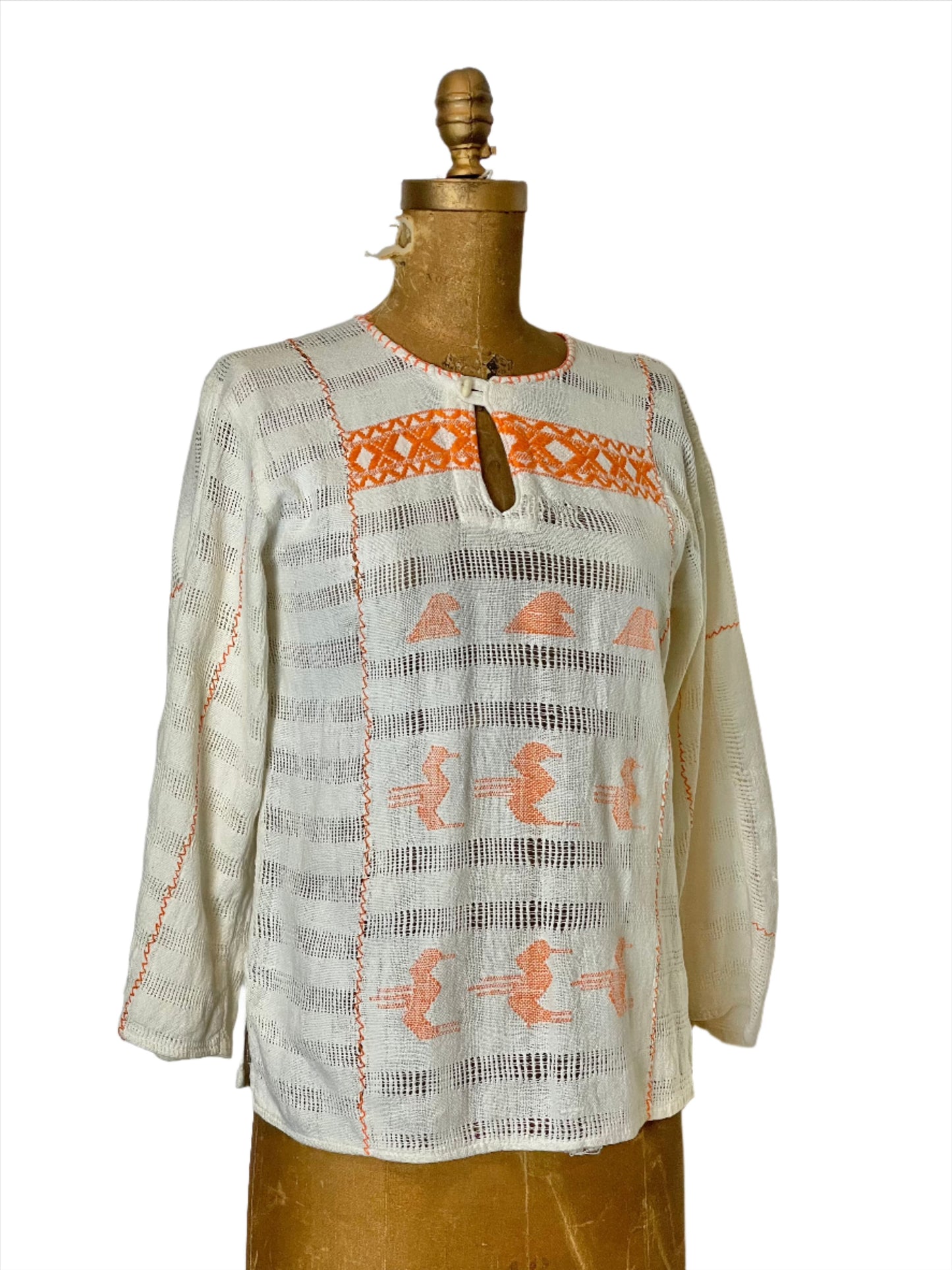 Vintage Ivory Gauze Long Sleeve Blouse w/Orange Embroidery - MED