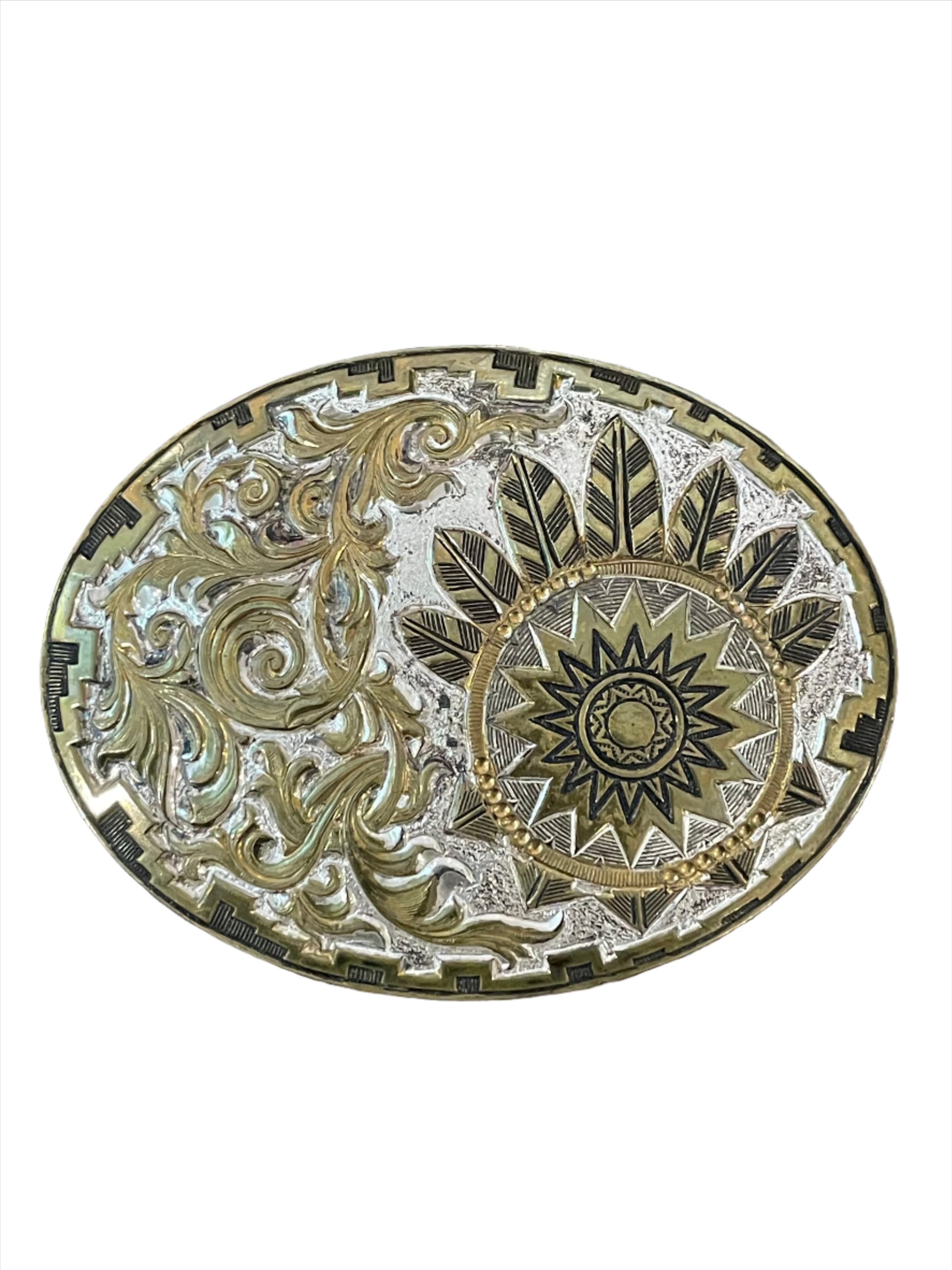 '70s Vintage Sun/Filigree Silver & Bronze Belt Buckle