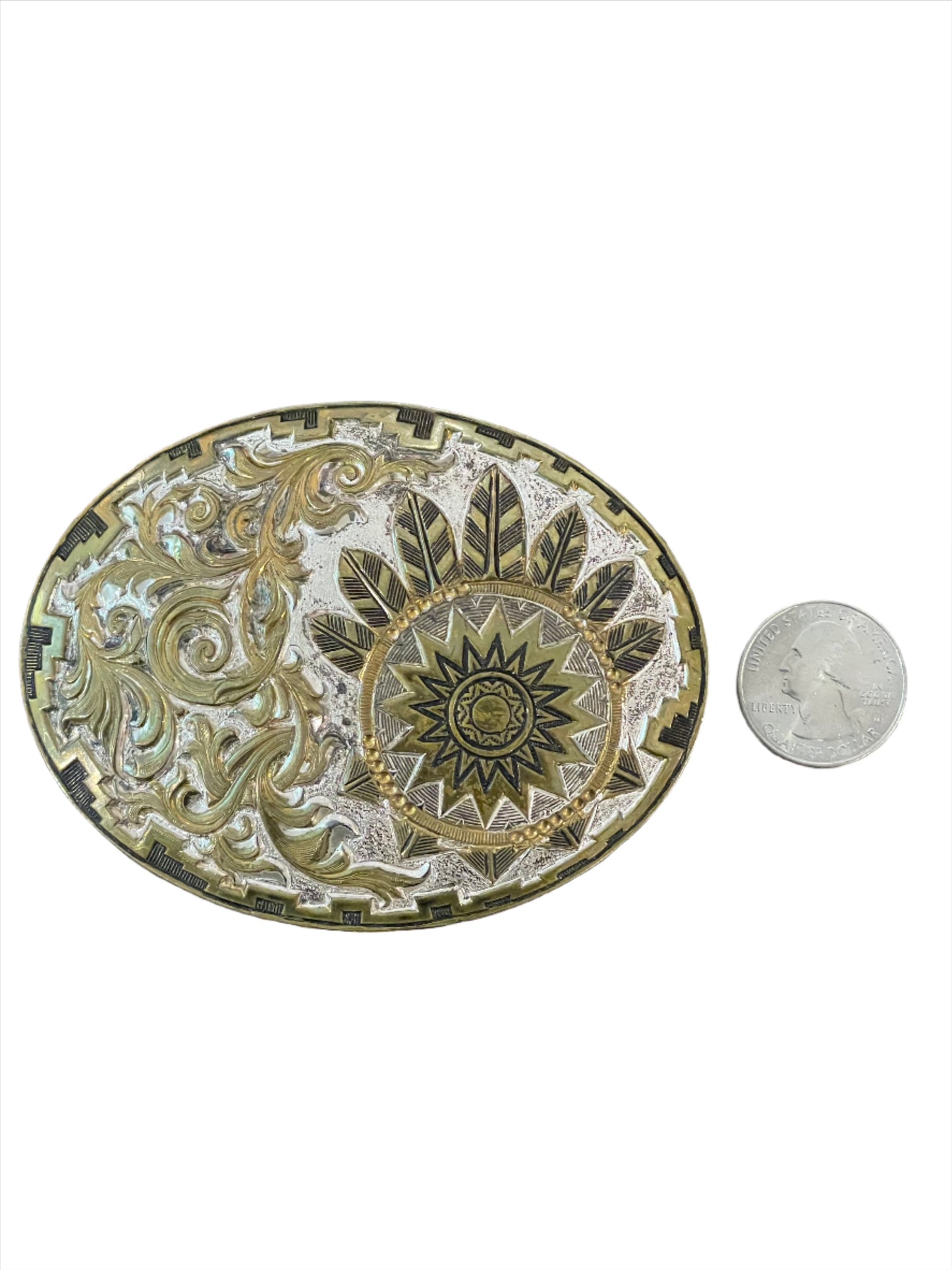 '70s Vintage Sun/Filigree Silver & Bronze Belt Buckle