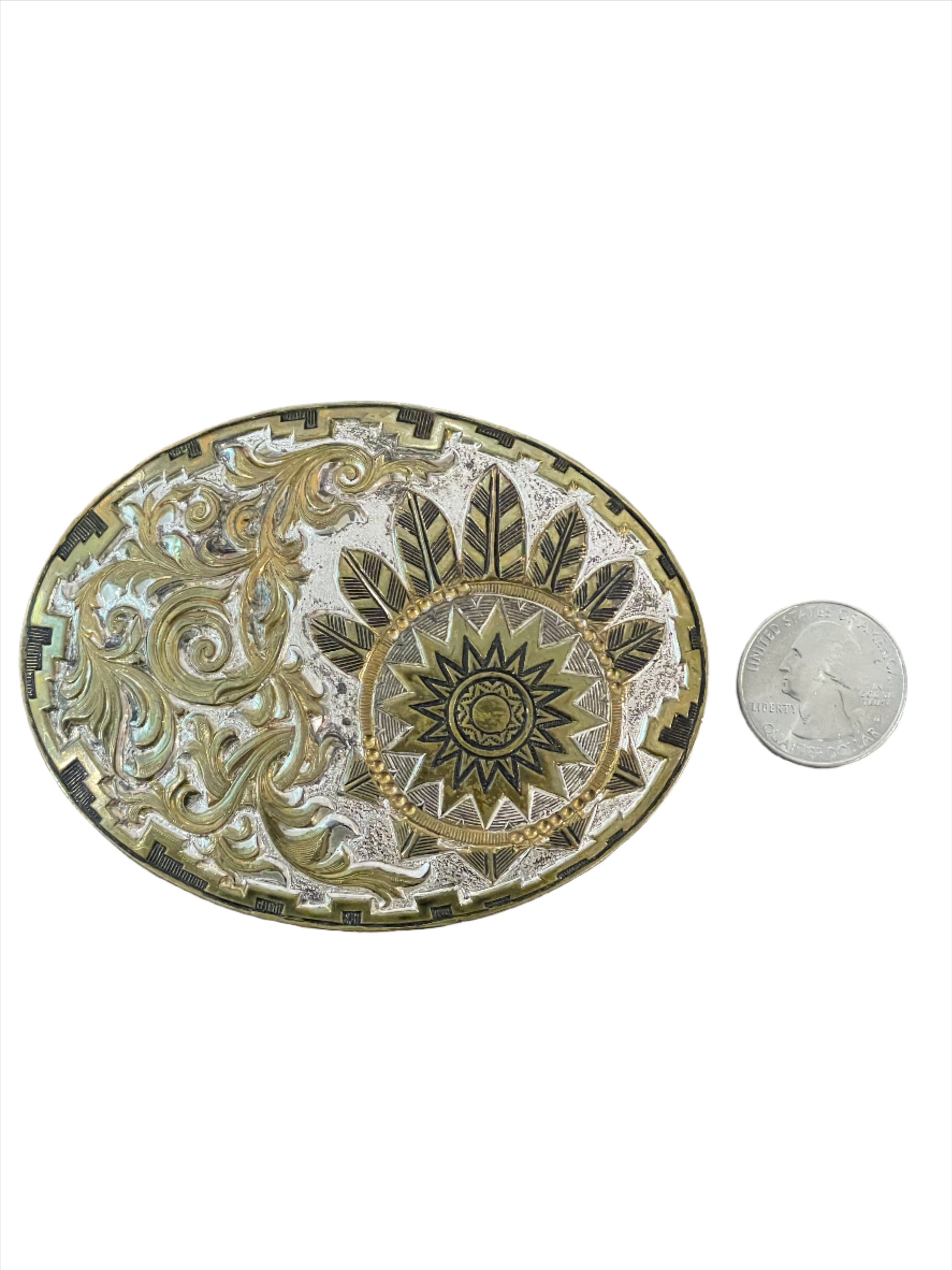 '70s Vintage Sun/Filigree Silver & Bronze Belt Buckle