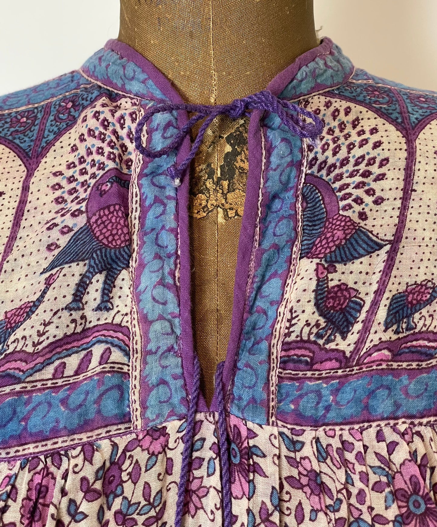 '70s Vintage Indian Gauze Purple Floral & Peacock Dress - Sm/Med