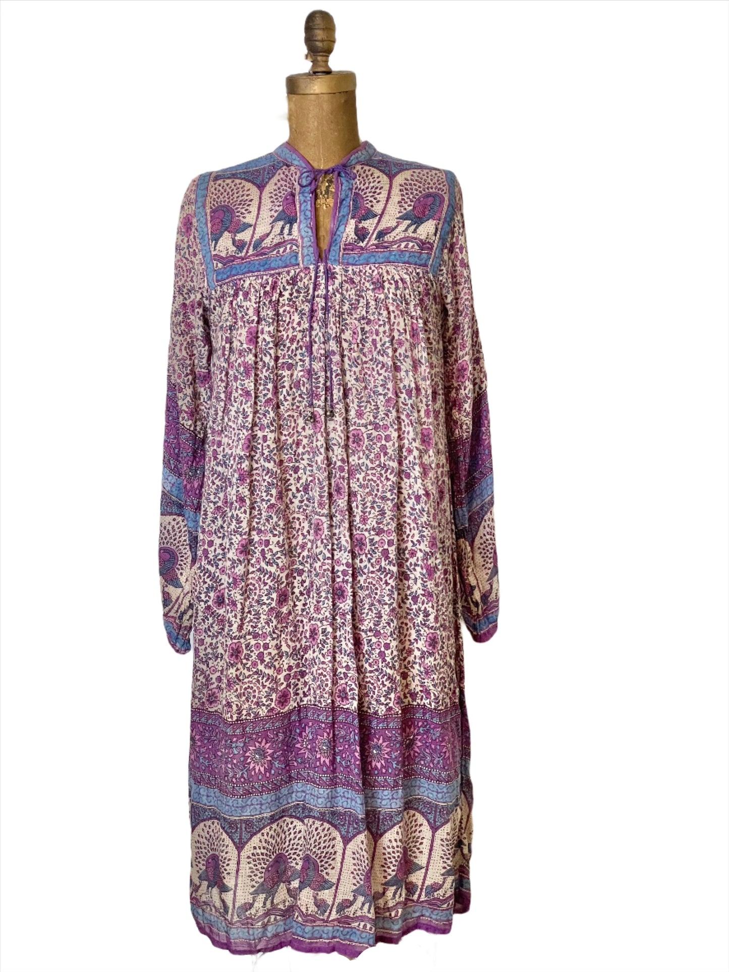 '70s Vintage Indian Gauze Purple Floral & Peacock Dress - Sm/Med