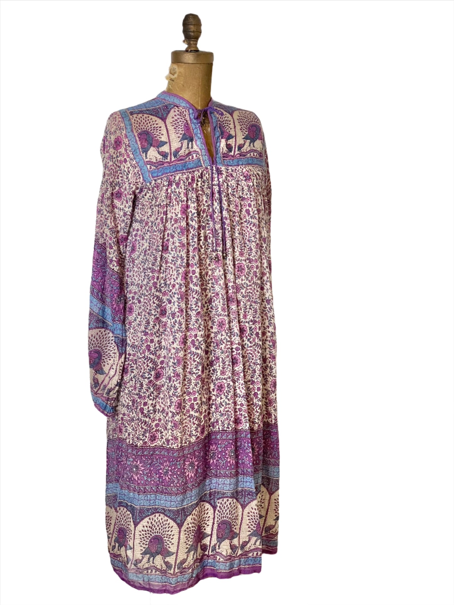 '70s Vintage Indian Gauze Purple Floral & Peacock Dress - Sm/Med