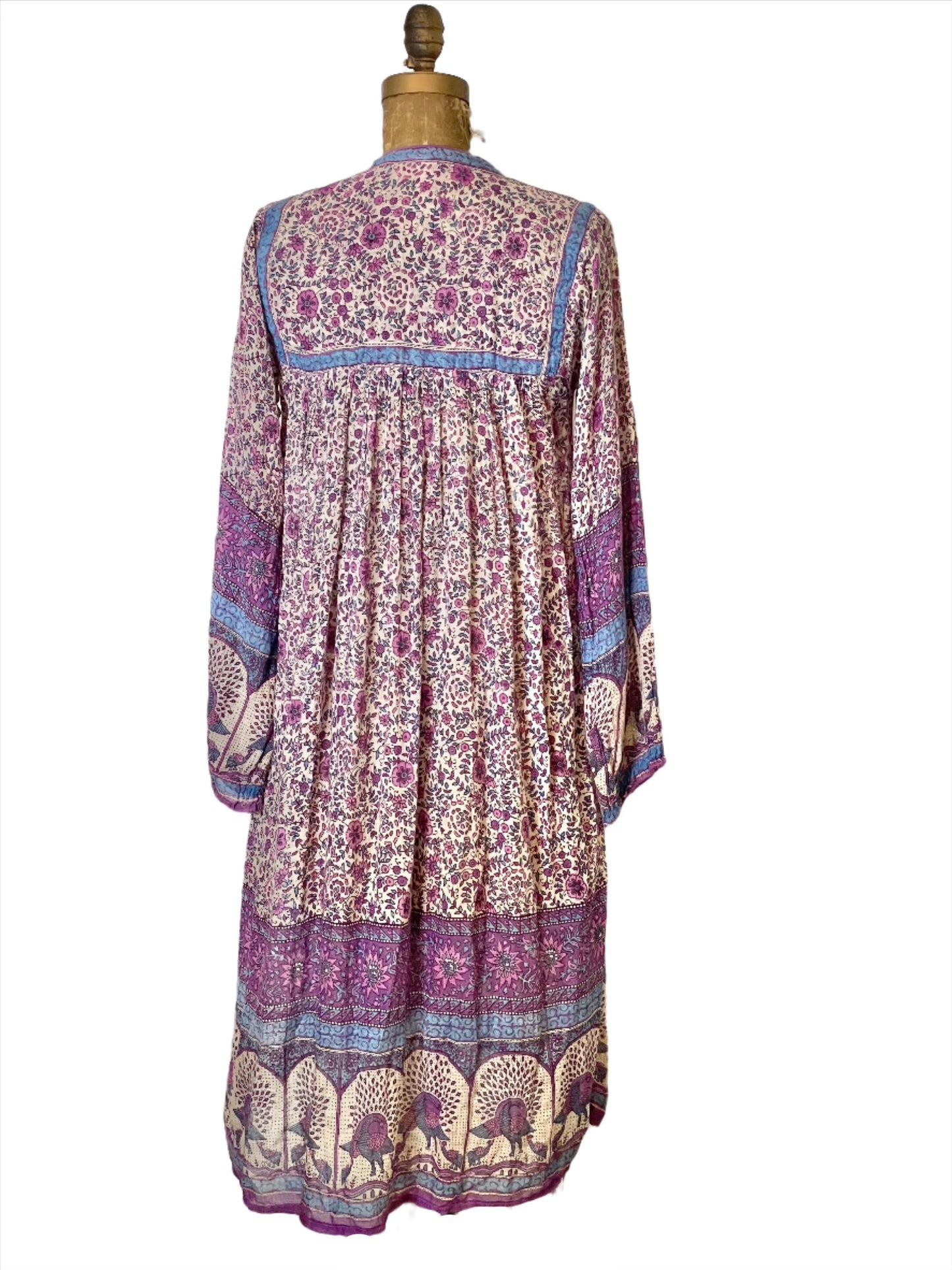 '70s Vintage Indian Gauze Purple Floral & Peacock Dress - Sm/Med