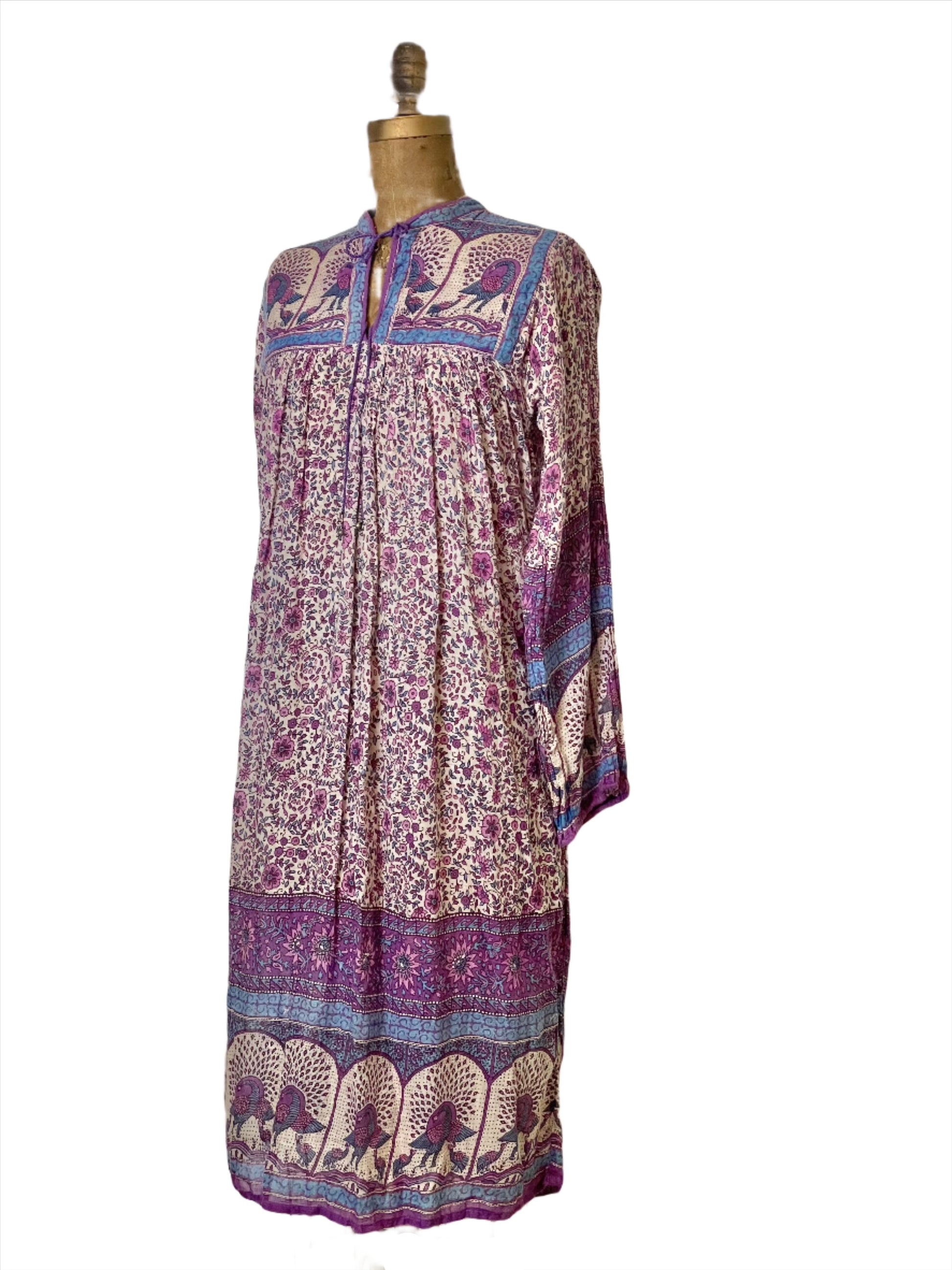 '70s Vintage Indian Gauze Purple Floral & Peacock Dress - Sm/Med