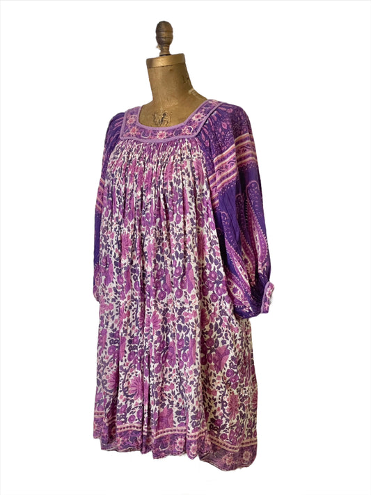 '60s Vintage Purple/Pink Indian Gauze Floral + Paisley Dress