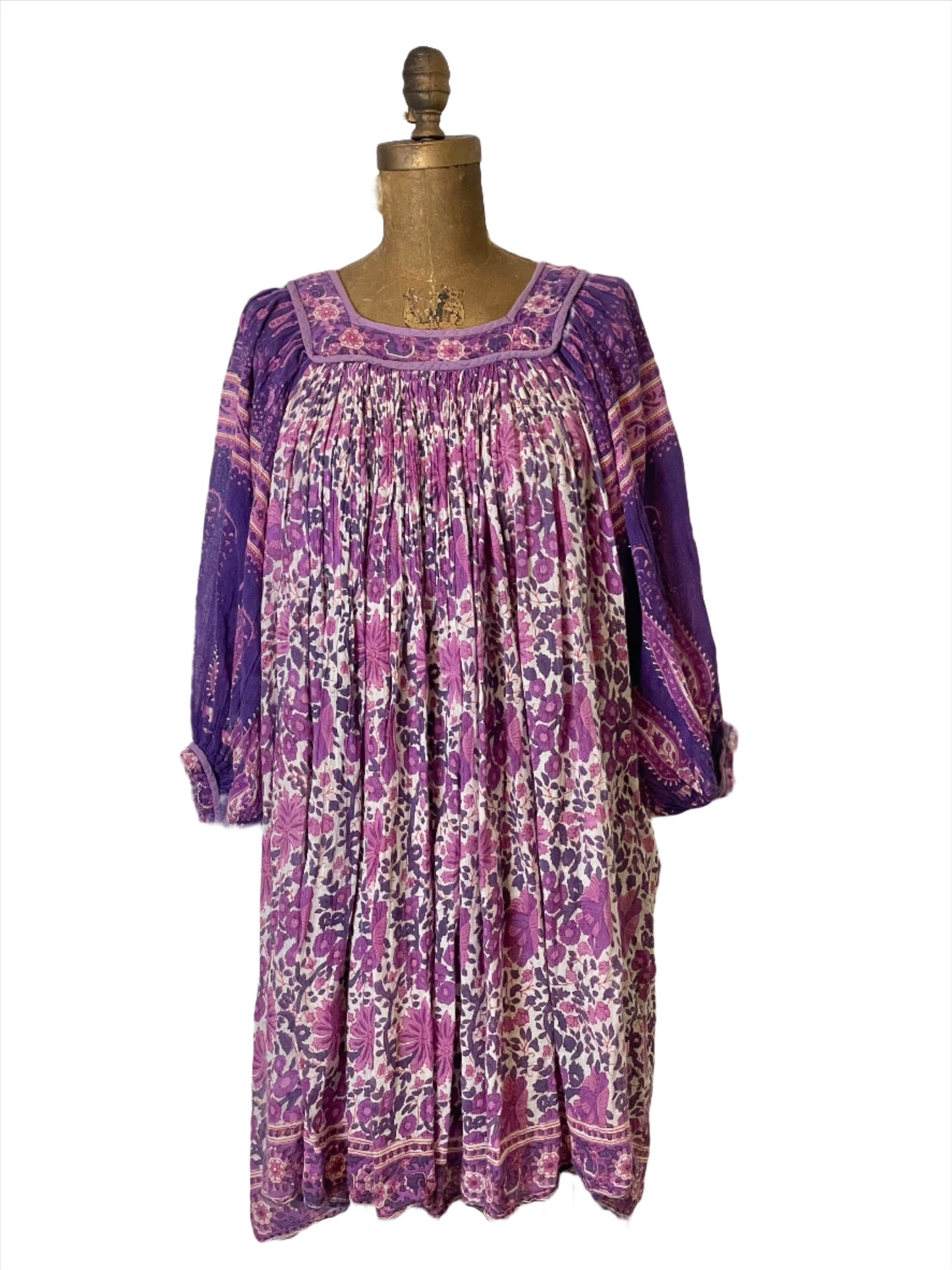 '60s Vintage Purple/Pink Indian Gauze Floral + Paisley Dress