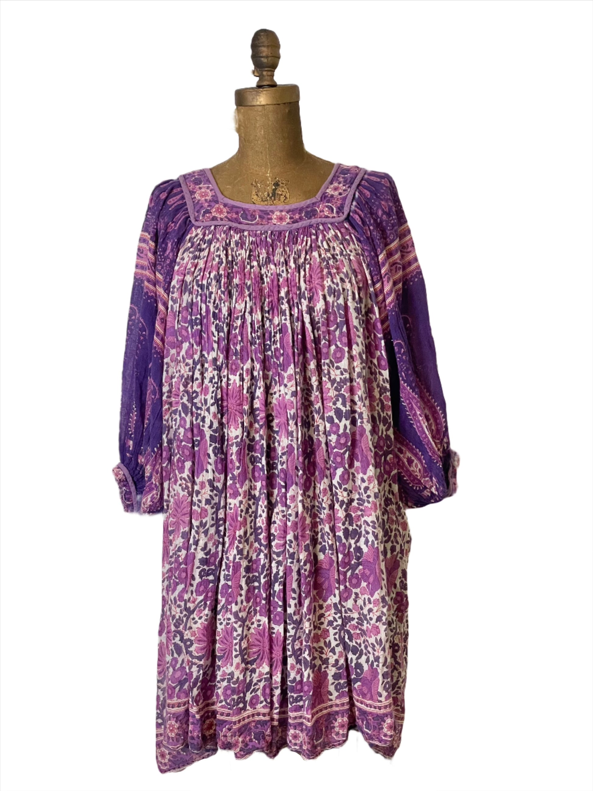 '60s Vintage Purple/Pink Indian Gauze Floral + Paisley Dress