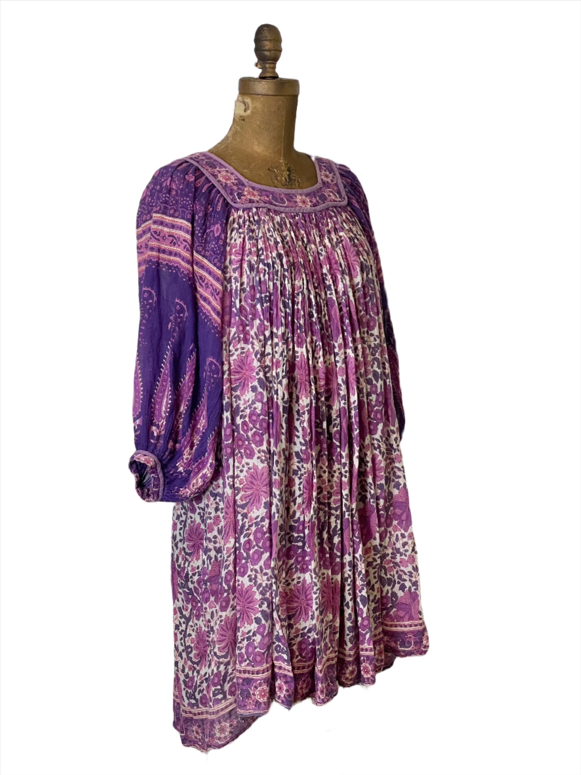 '60s Vintage Purple/Pink Indian Gauze Floral + Paisley Dress