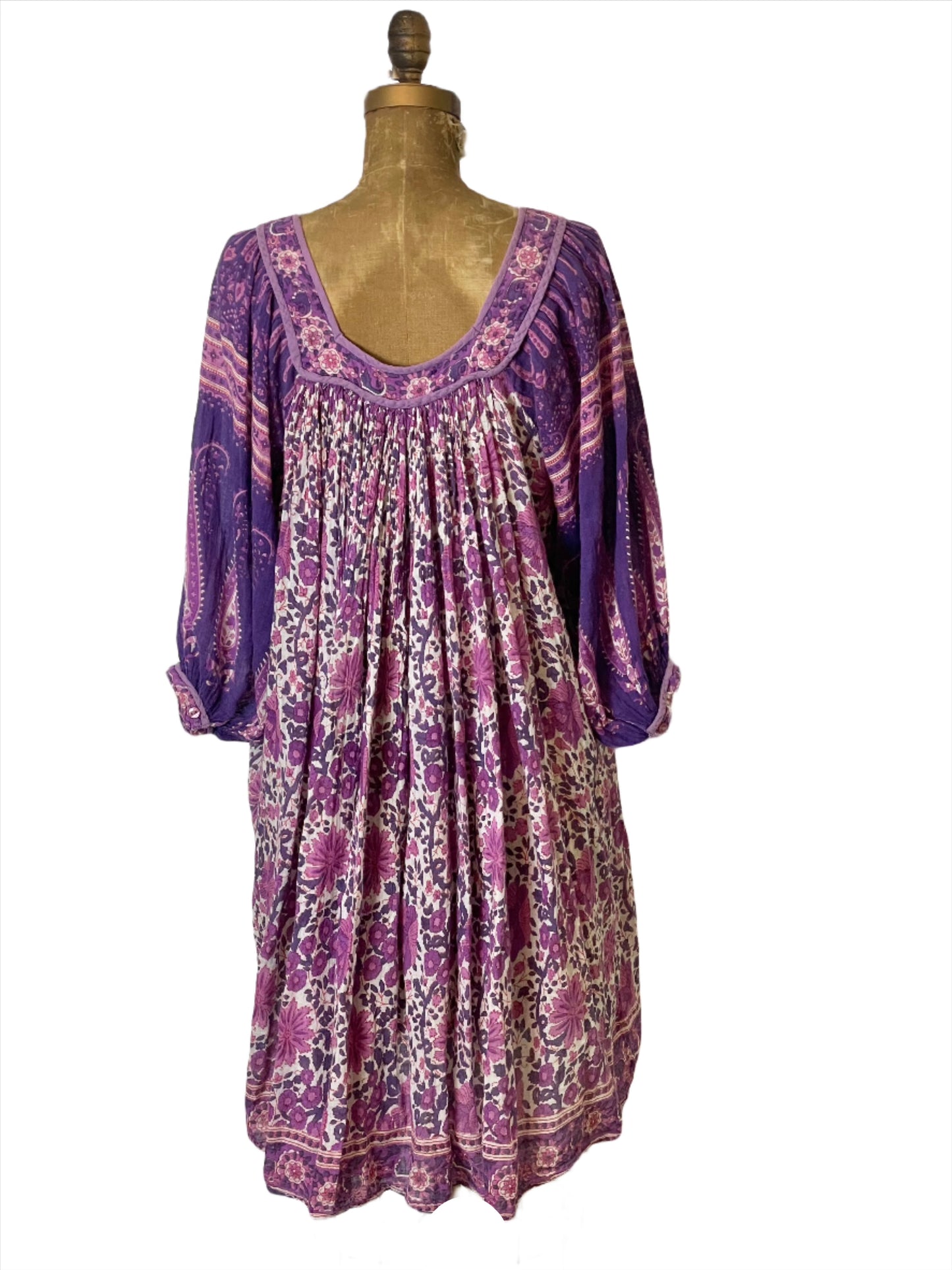 '60s Vintage Purple/Pink Indian Gauze Floral + Paisley Dress