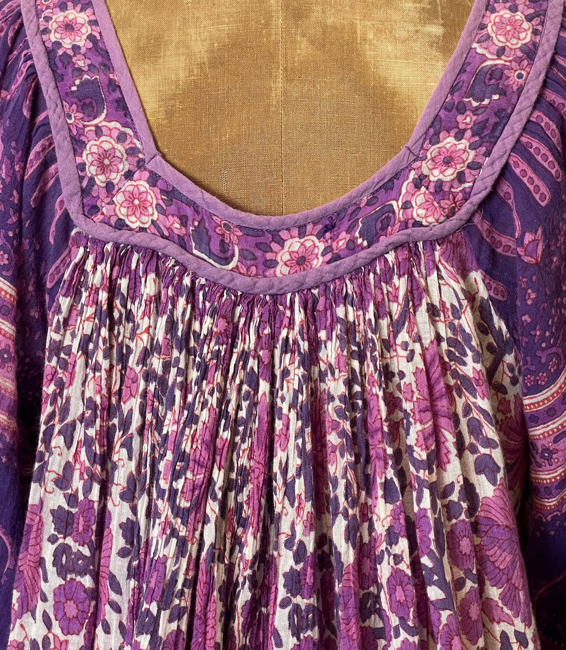 '60s Vintage Purple/Pink Indian Gauze Floral + Paisley Dress