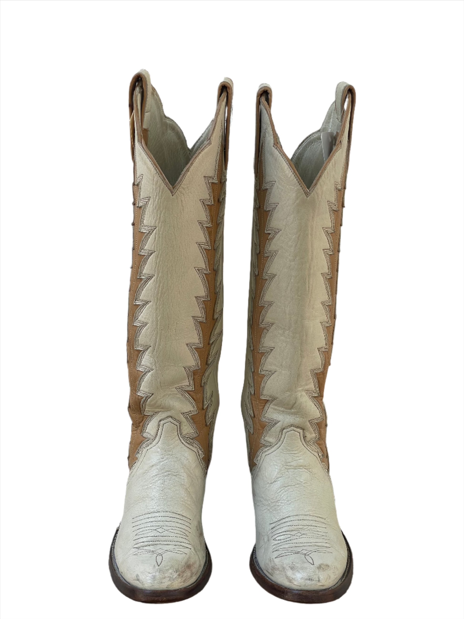 Vintage Custom Wm's Tall White & Tan Inlay Boots Sz 5 1/2