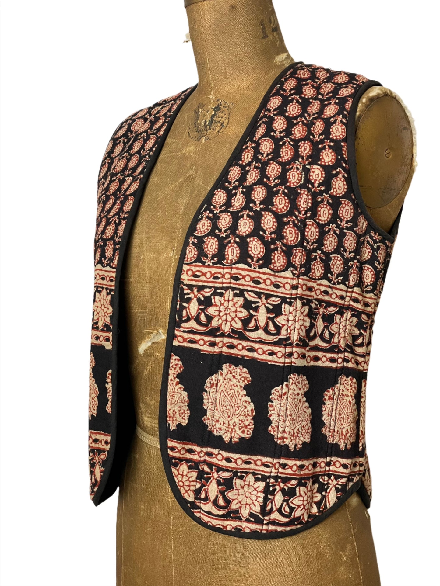 '70s Vintage Black & Gold Indian Block Print Vest - MED