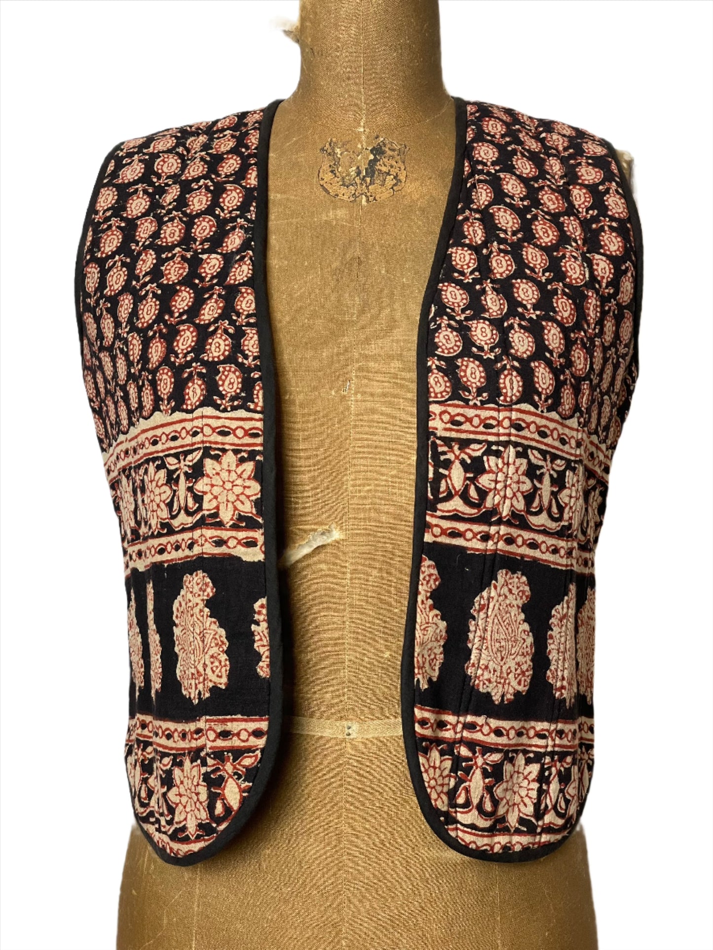 '70s Vintage Black & Gold Indian Block Print Vest - MED