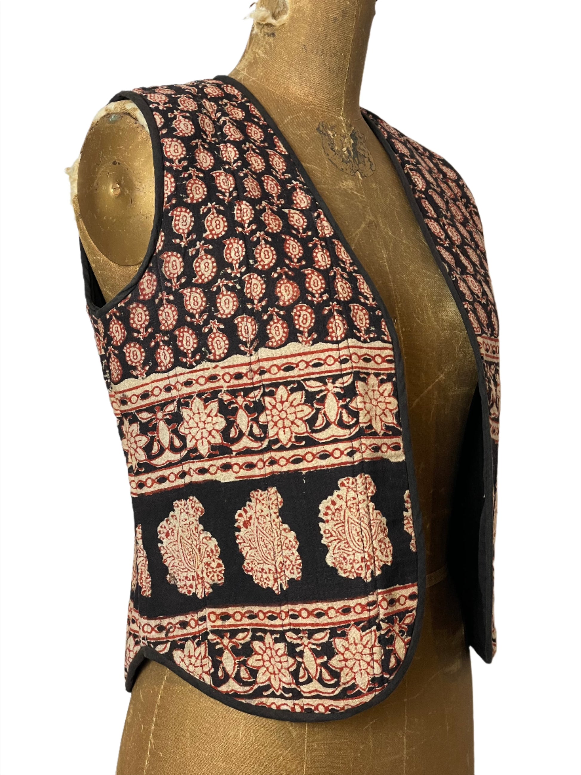 '70s Vintage Black & Gold Indian Block Print Vest - MED