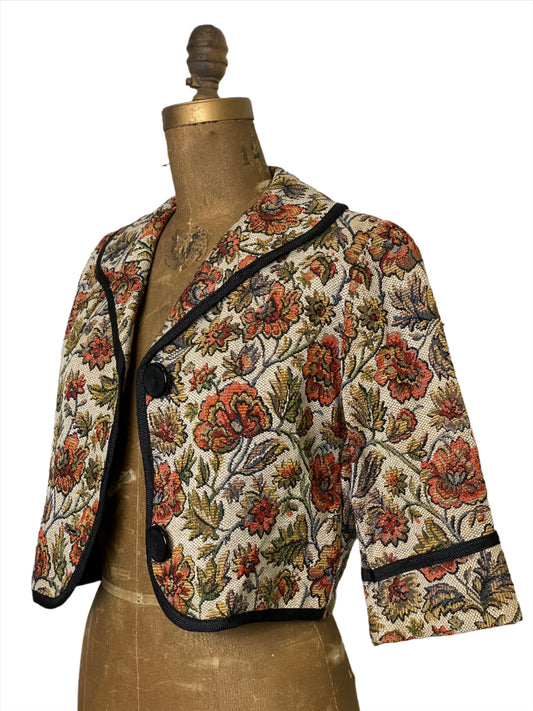 1960s Cropped Floral Tapestry Jacket - Small