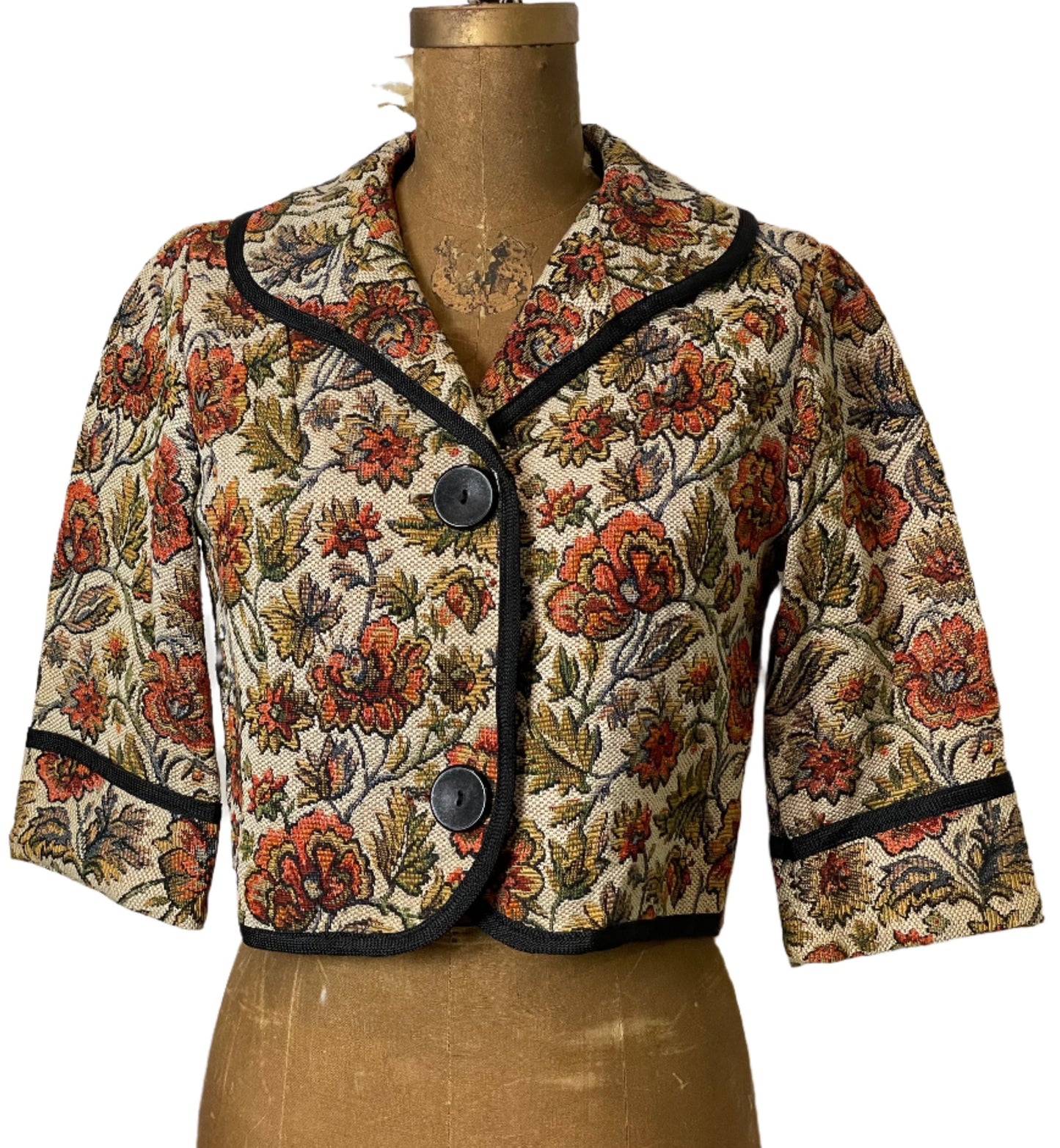 1960s Cropped Floral Tapestry Jacket - Small