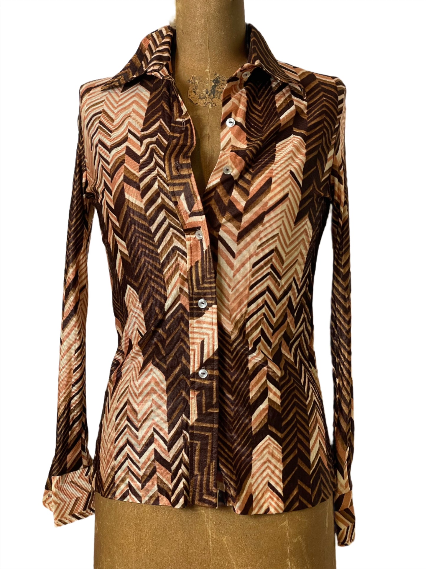 '70s Vintage Wms Brown/Tan Chevron Print Polyester Shirt - Small