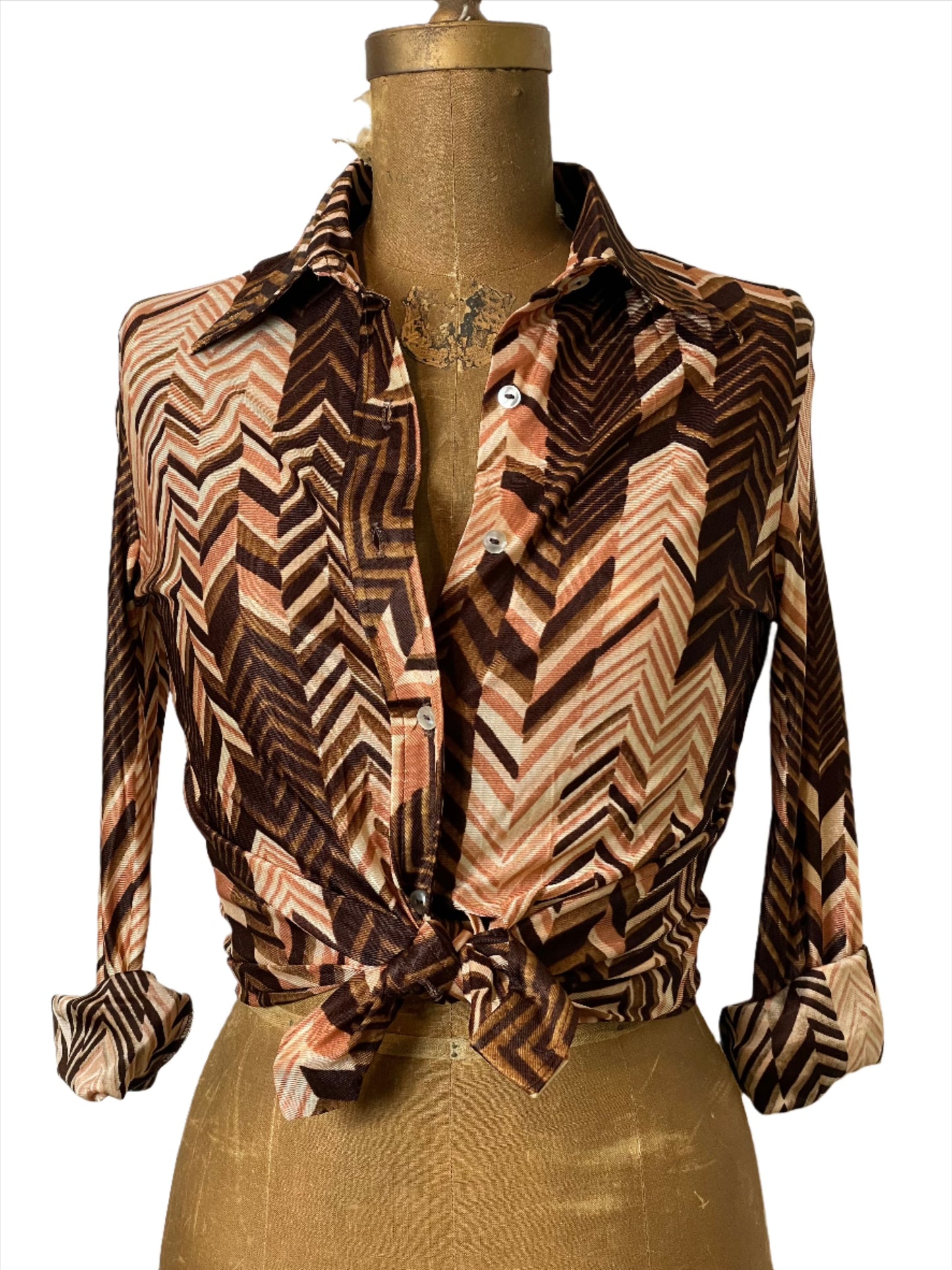 '70s Vintage Wms Brown/Tan Chevron Print Polyester Shirt - Small