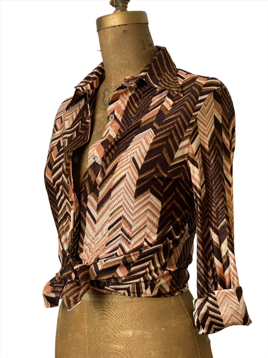 '70s Vintage Wms Brown/Tan Chevron Print Polyester Shirt - Small