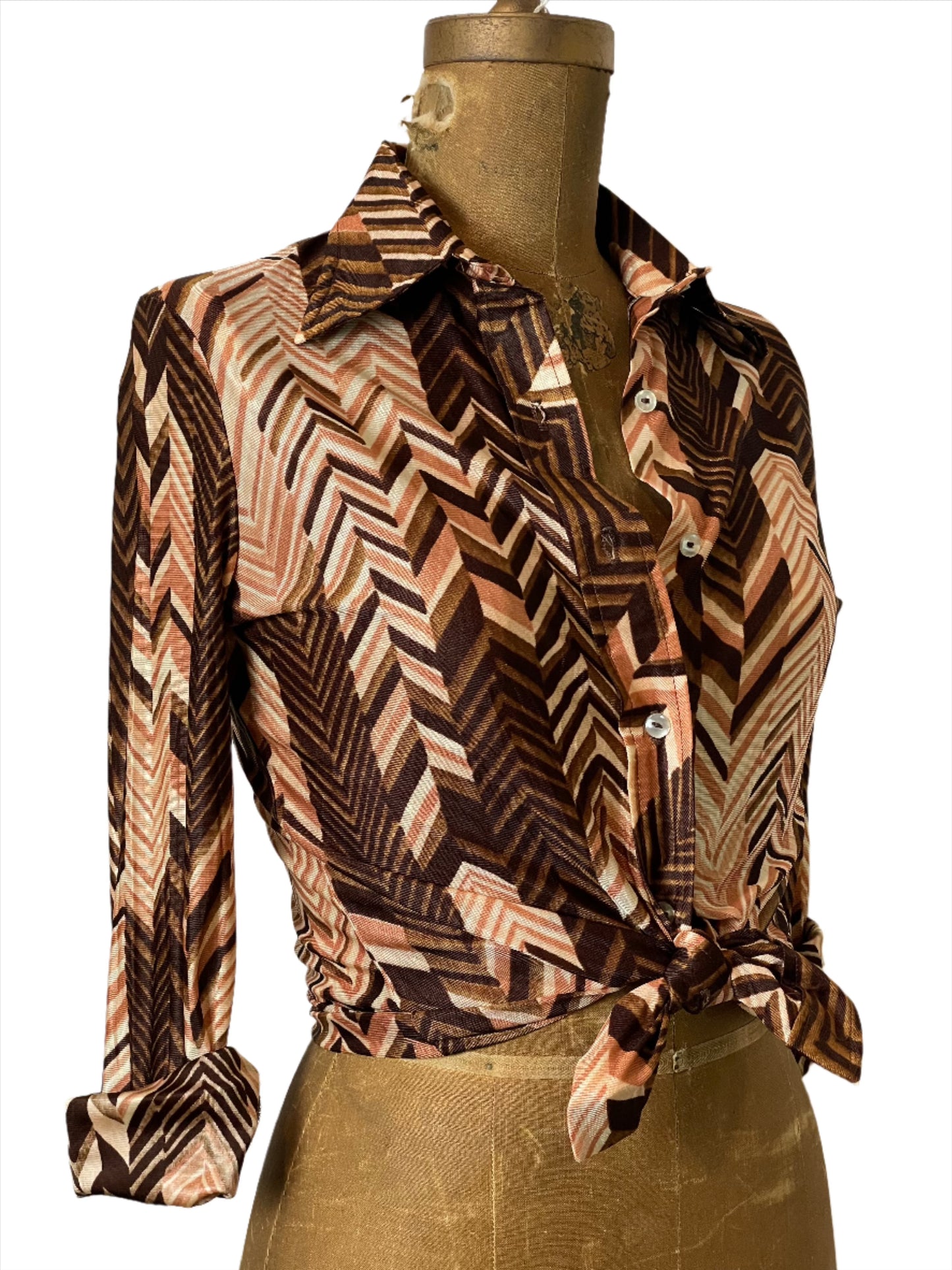 '70s Vintage Wms Brown/Tan Chevron Print Polyester Shirt - Small