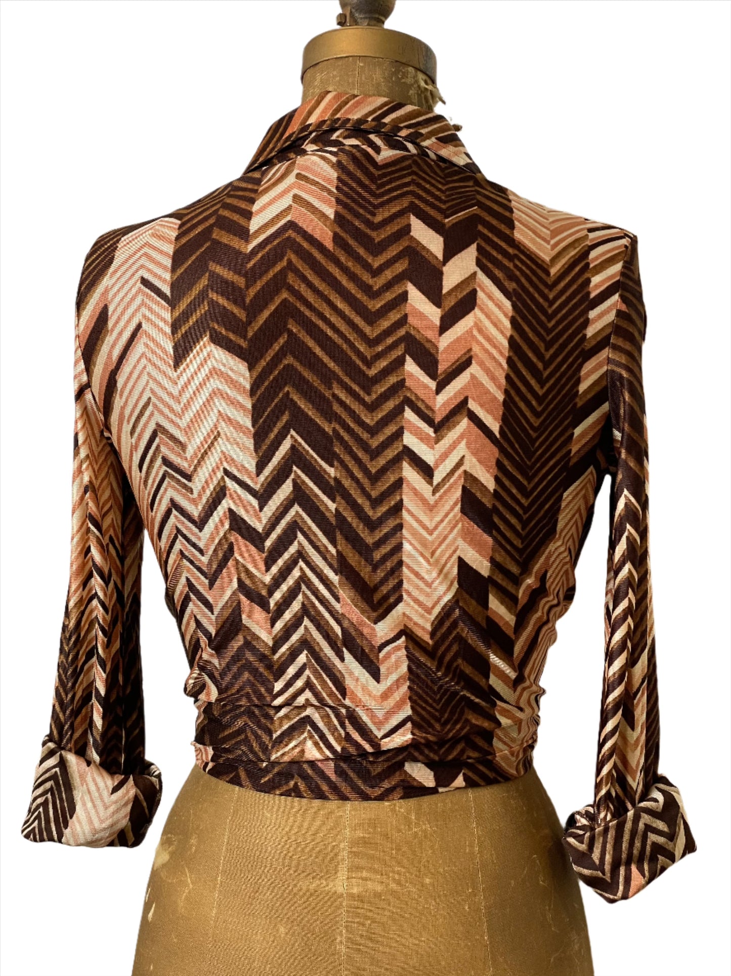 '70s Vintage Wms Brown/Tan Chevron Print Polyester Shirt - Small