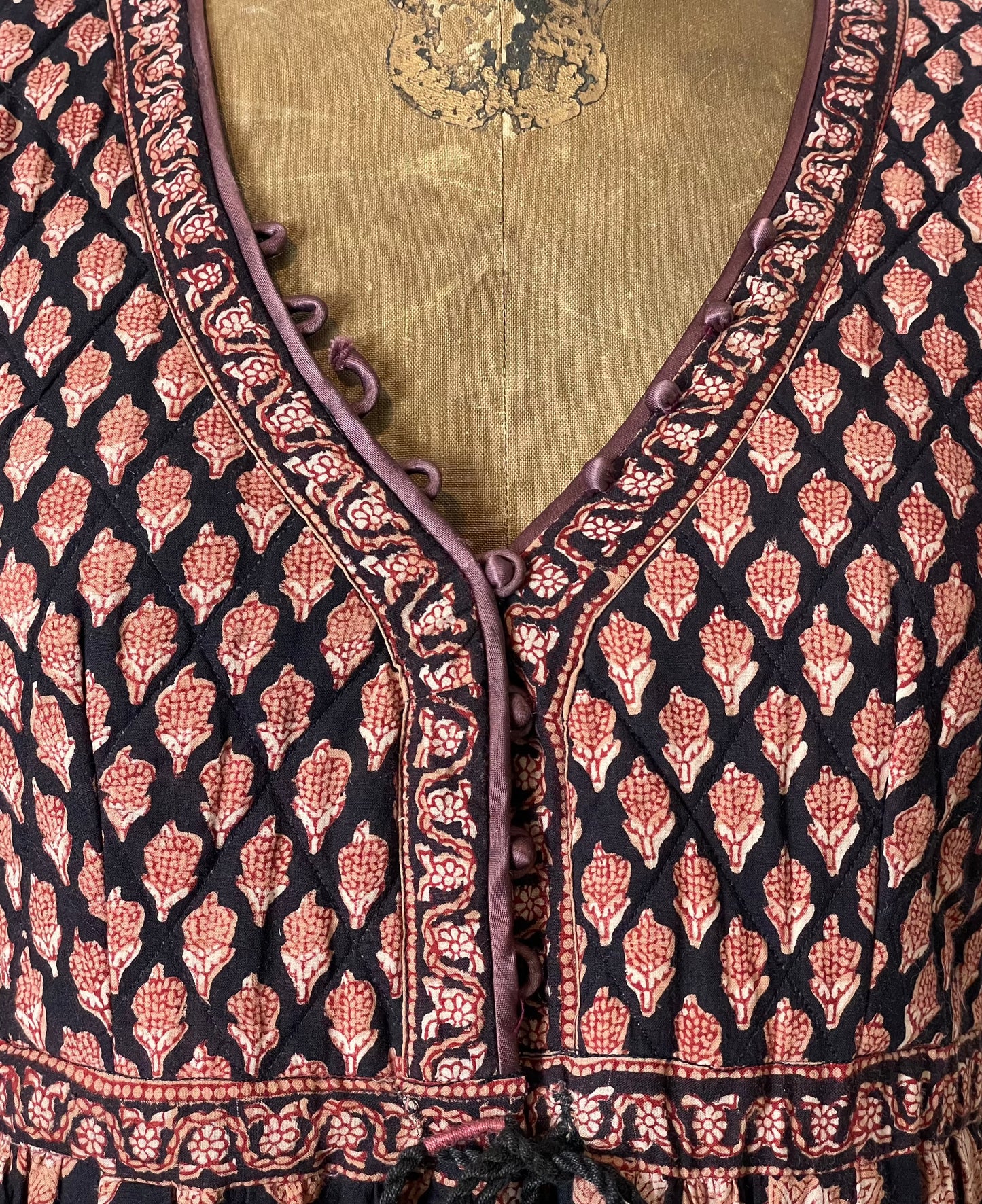 Vtg Anorai Indian Block Print Burgundy Midi Dress - XS