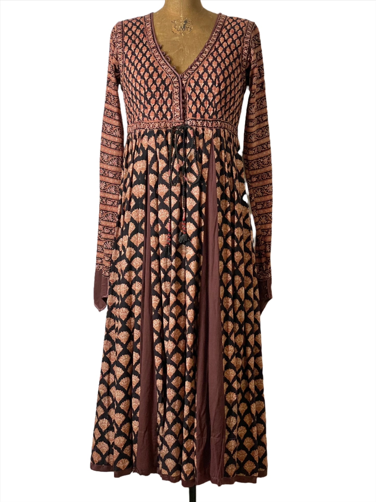 Vtg Anorai Indian Block Print Burgundy Midi Dress - XS