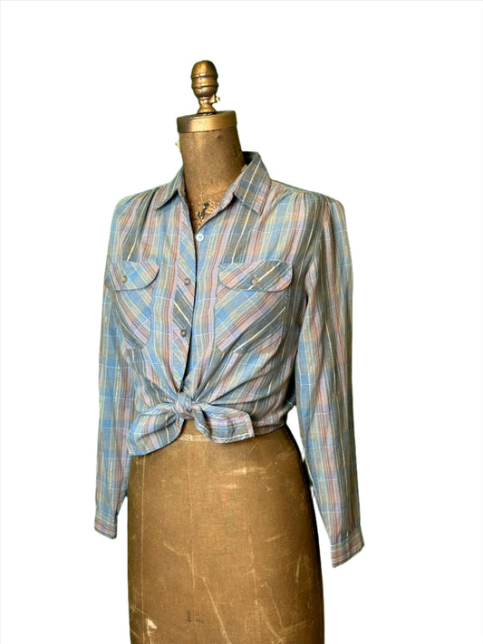 '80s Vintage Wms Grey/Pastel Plaid w Lurex Button Down - Med/Lrg