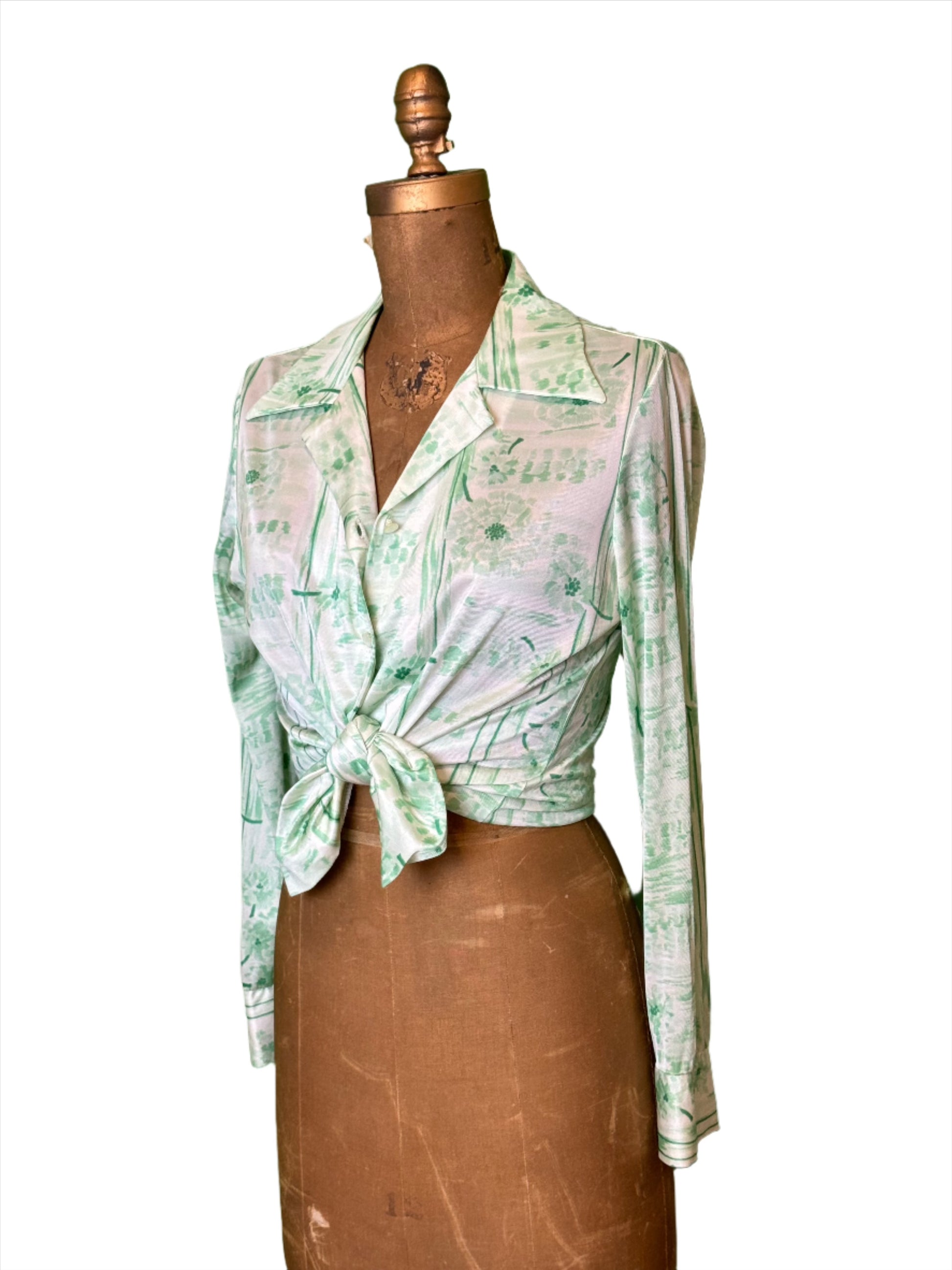 '70s Vintage Wm's Green Floral Polyester Button Down Shirt - Large