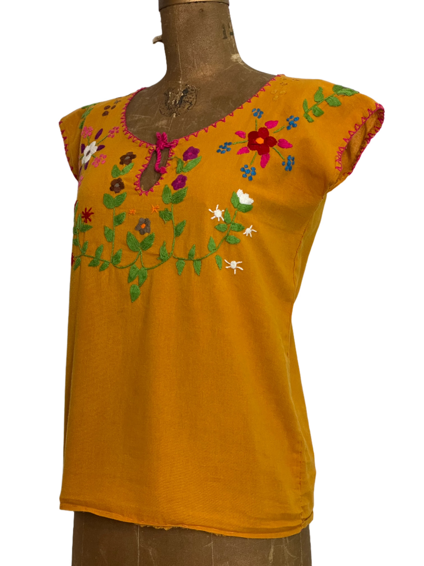 South American Marigold Embroidered Huipil Blouse - MED