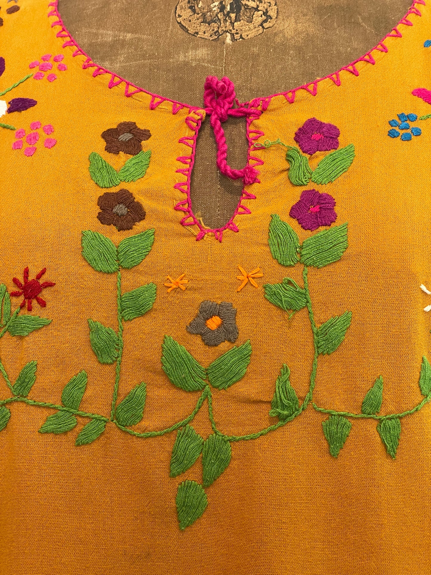 South American Marigold Embroidered Huipil Blouse - MED