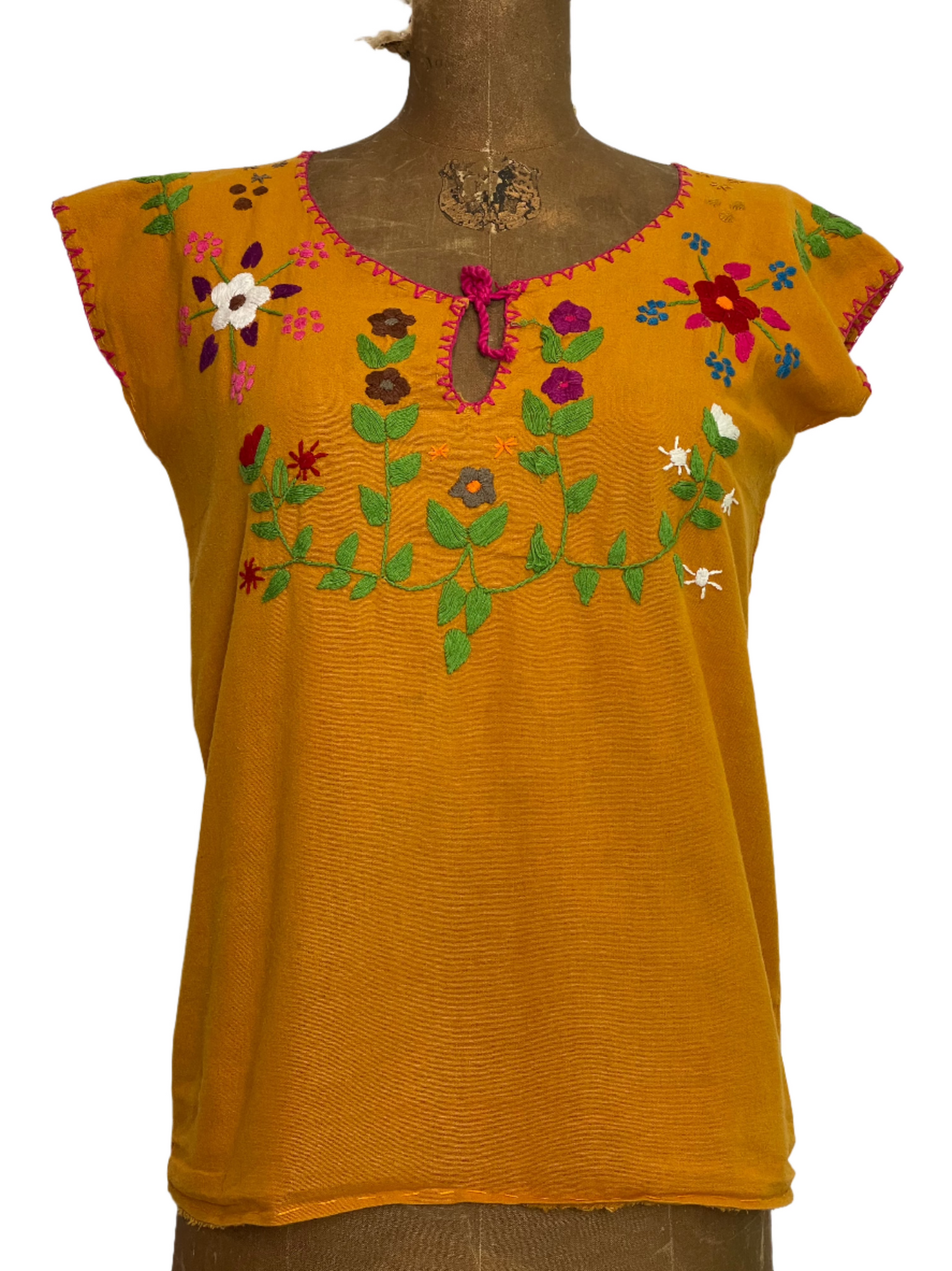 South American Marigold Embroidered Huipil Blouse - MED