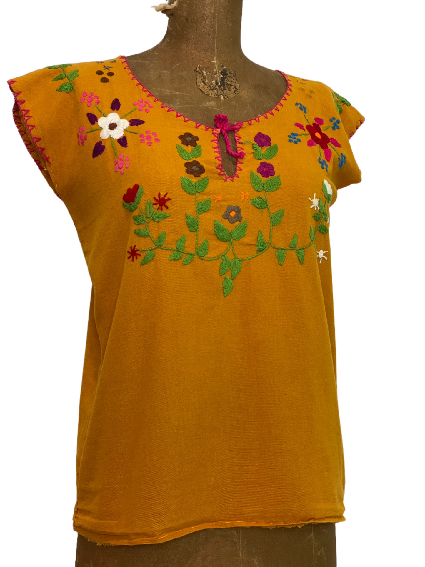 South American Marigold Embroidered Huipil Blouse - MED