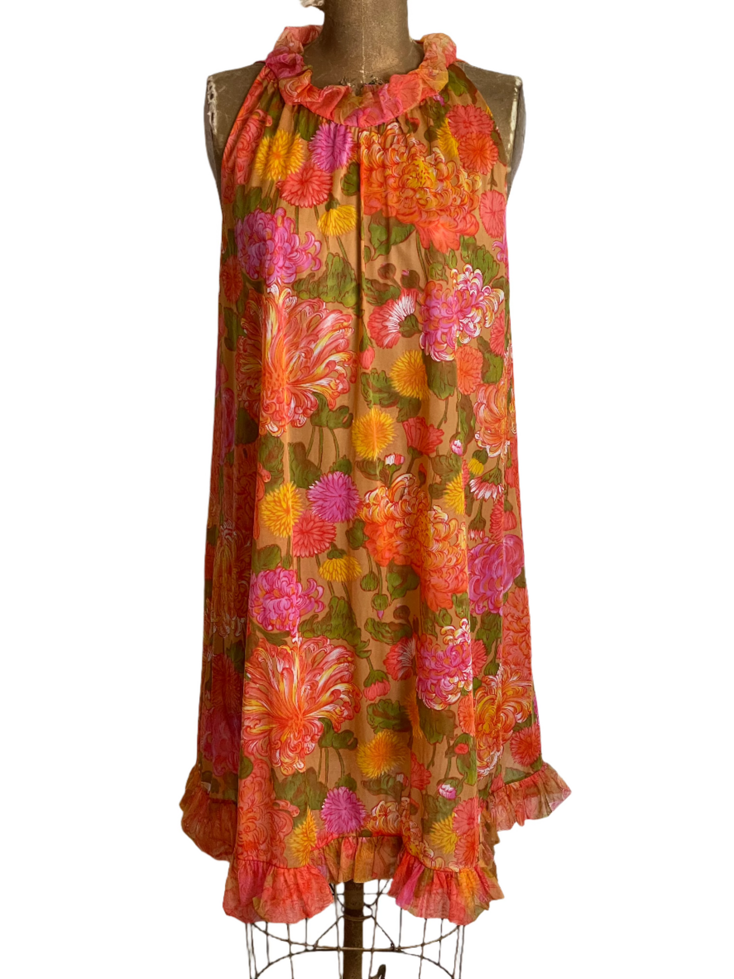 1960s Orange Floral A-Line Sheer Nightie