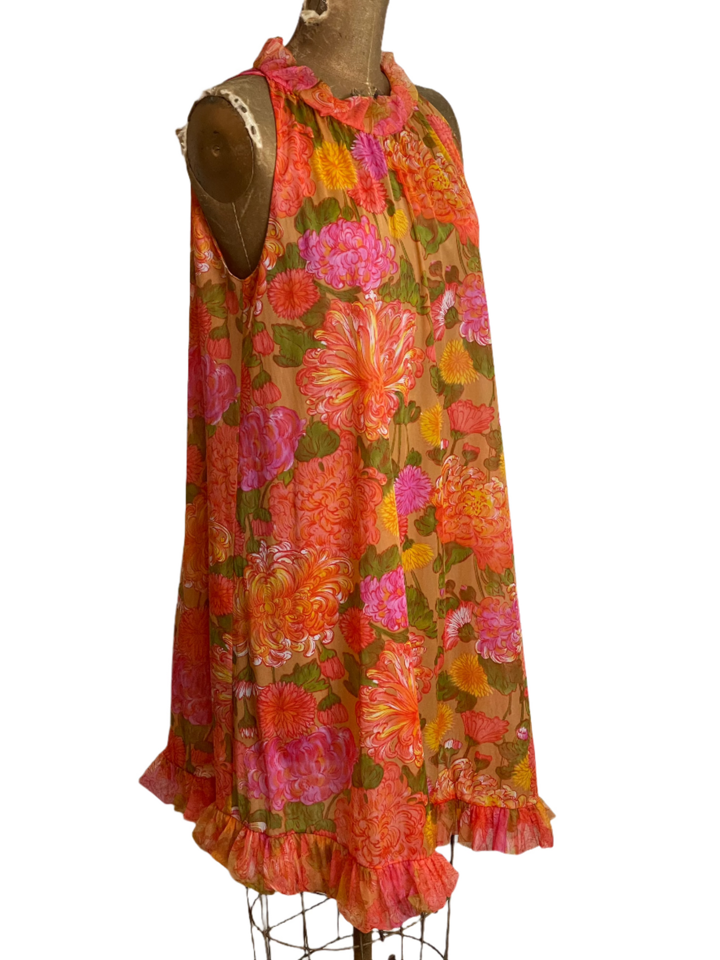 1960s Orange Floral A-Line Sheer Nightie