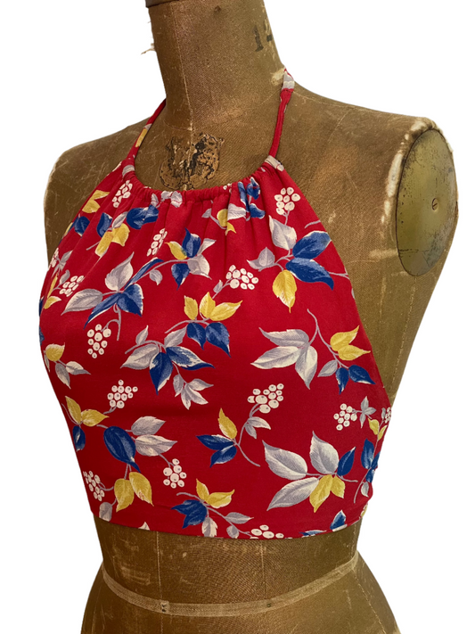 '40s Vintage Rayon Crepe Red Floral Halter Top