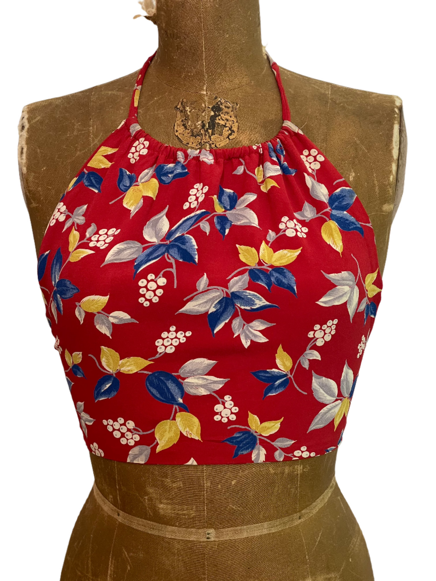 '40s Vintage Rayon Crepe Red Floral Halter Top