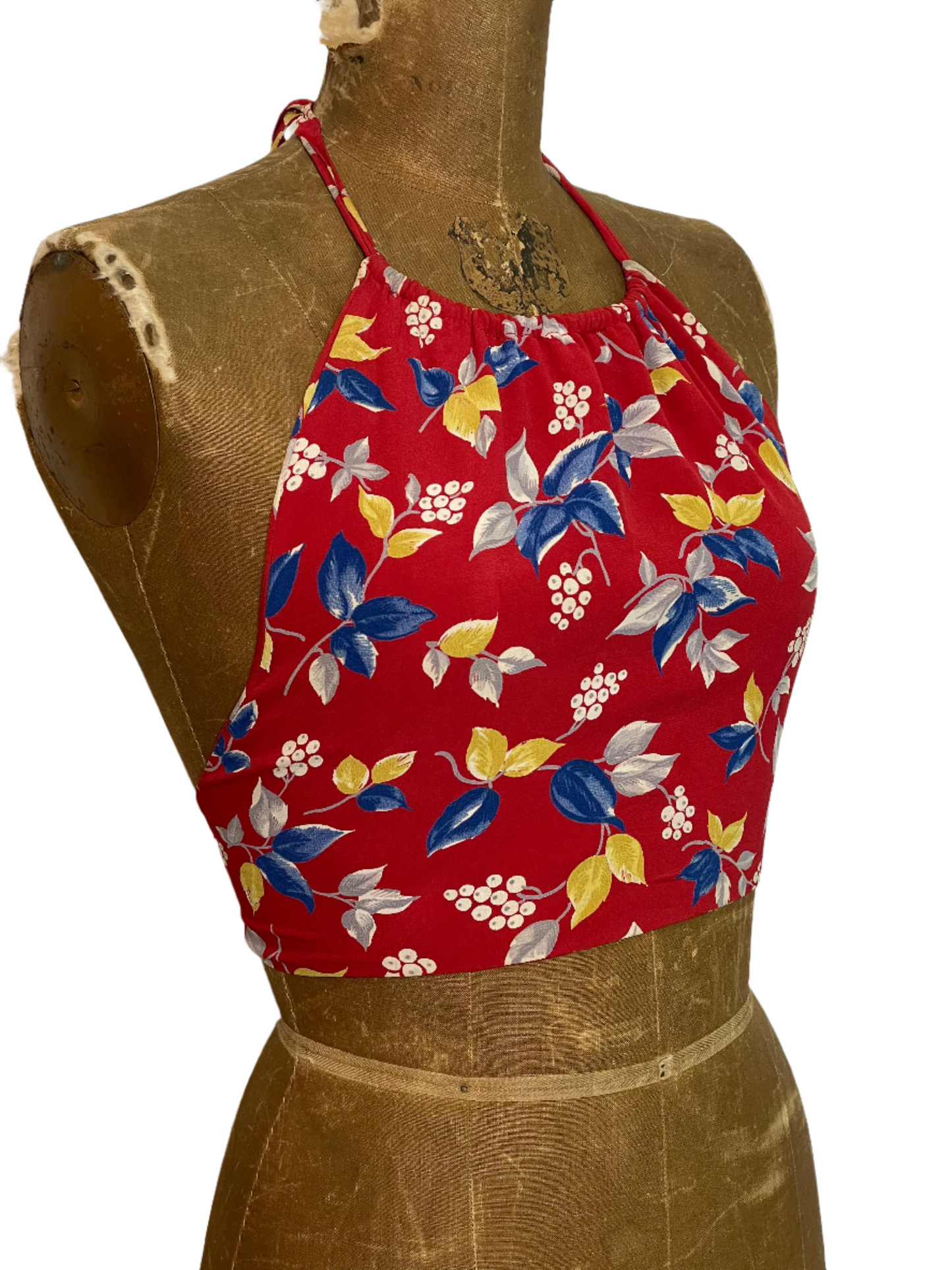 '40s Vintage Rayon Crepe Red Floral Halter Top