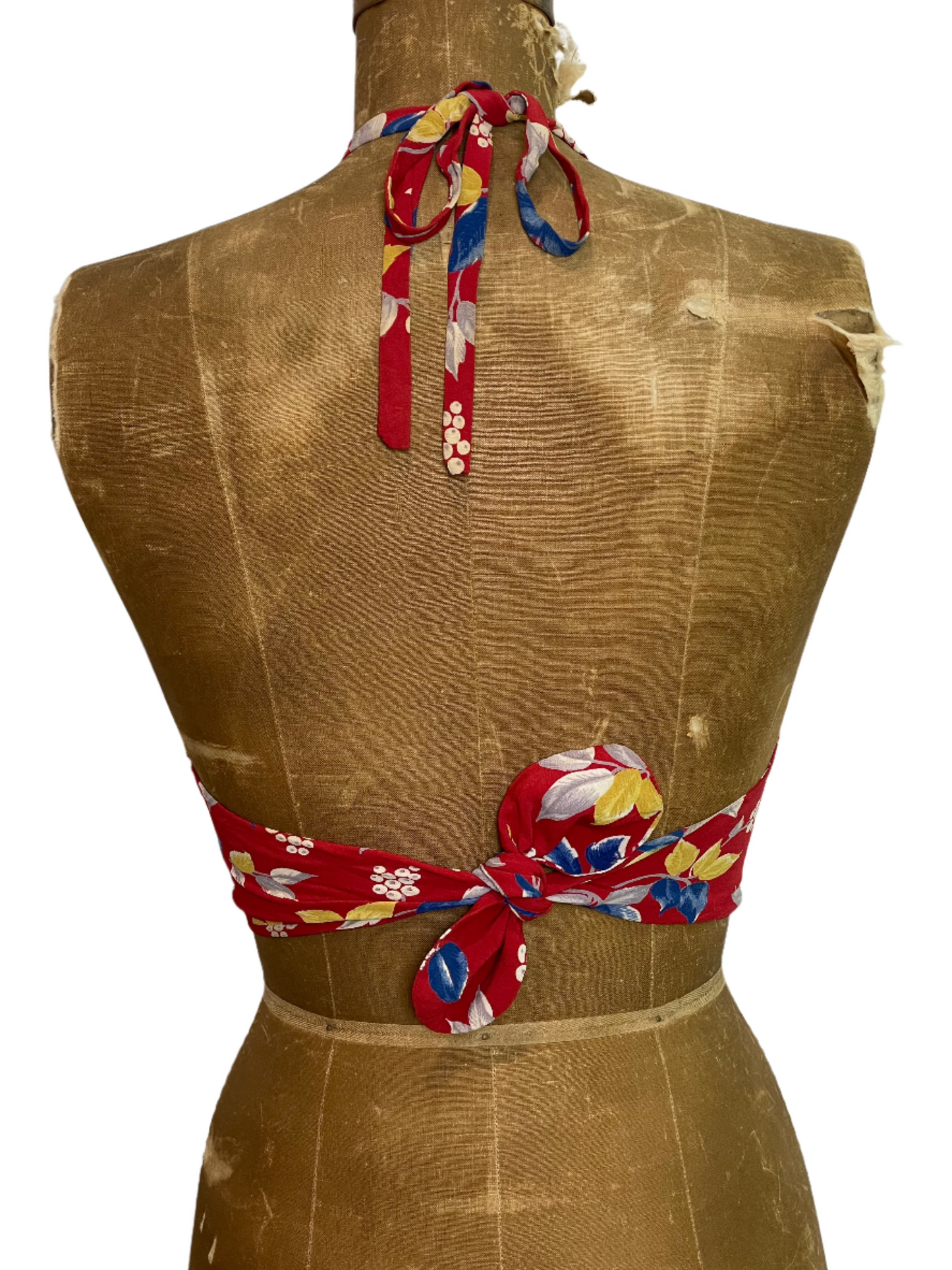 '40s Vintage Rayon Crepe Red Floral Halter Top