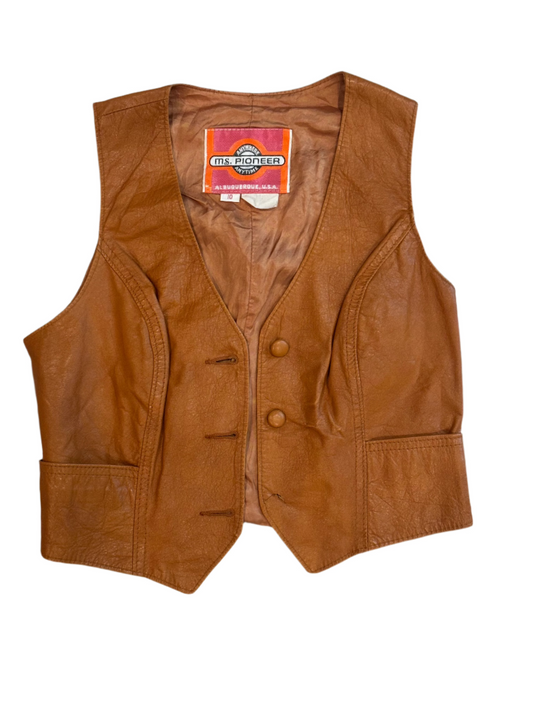 Vintage Child's Ms.Pioneer Burnt Orange Leather Western Vest 8-10Y