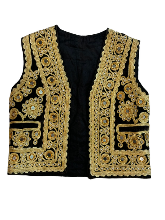 Vintage Child's Blk/Gold Mirrored Afghan Vest 5-6Y