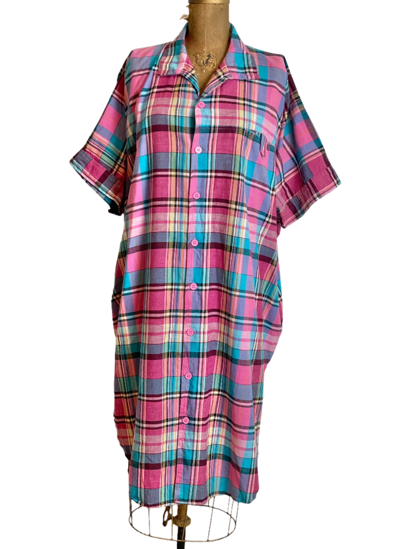 1980s Madras Pink Plaid Shirt Dress