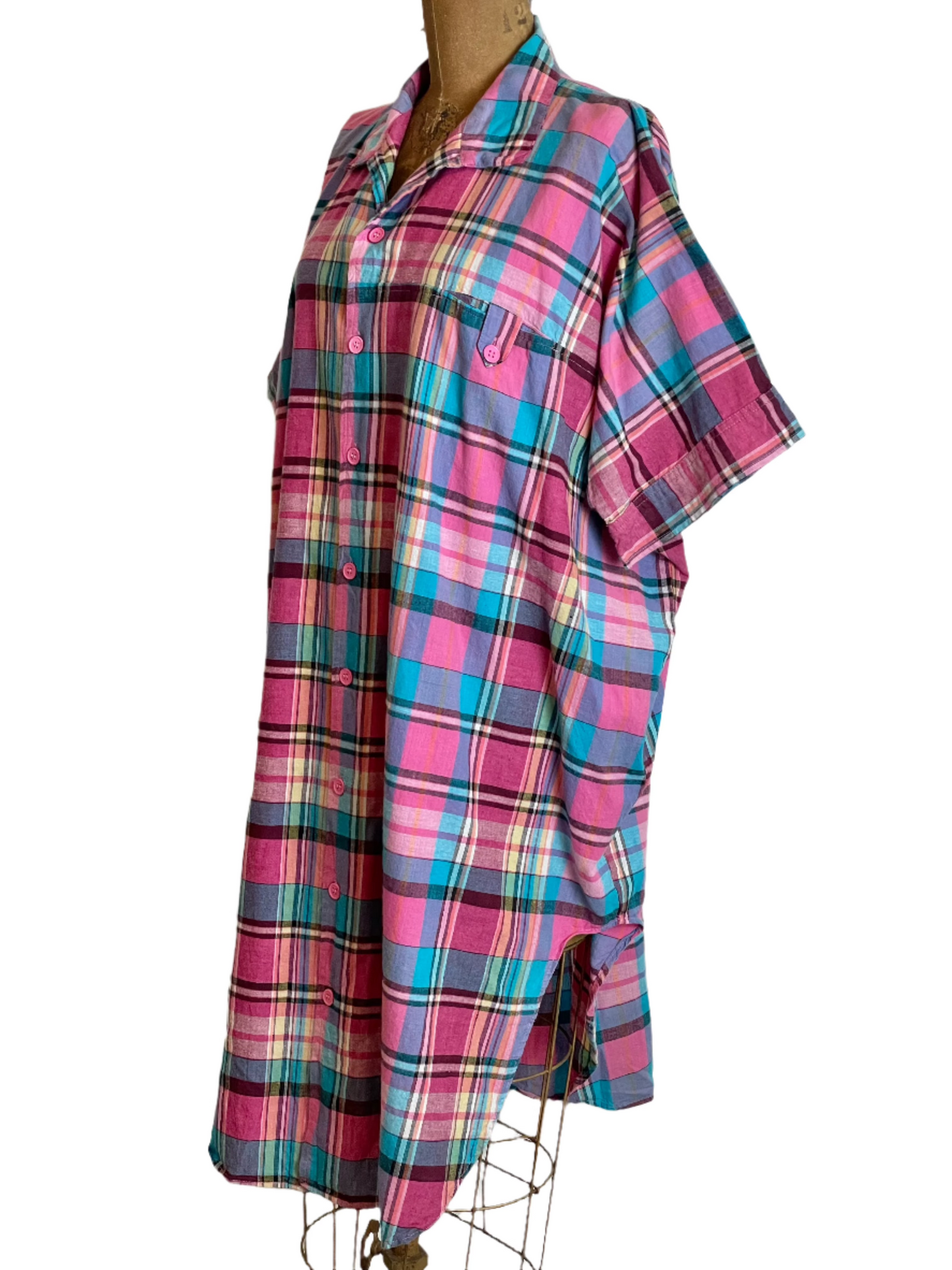 1980s Madras Pink Plaid Shirt Dress