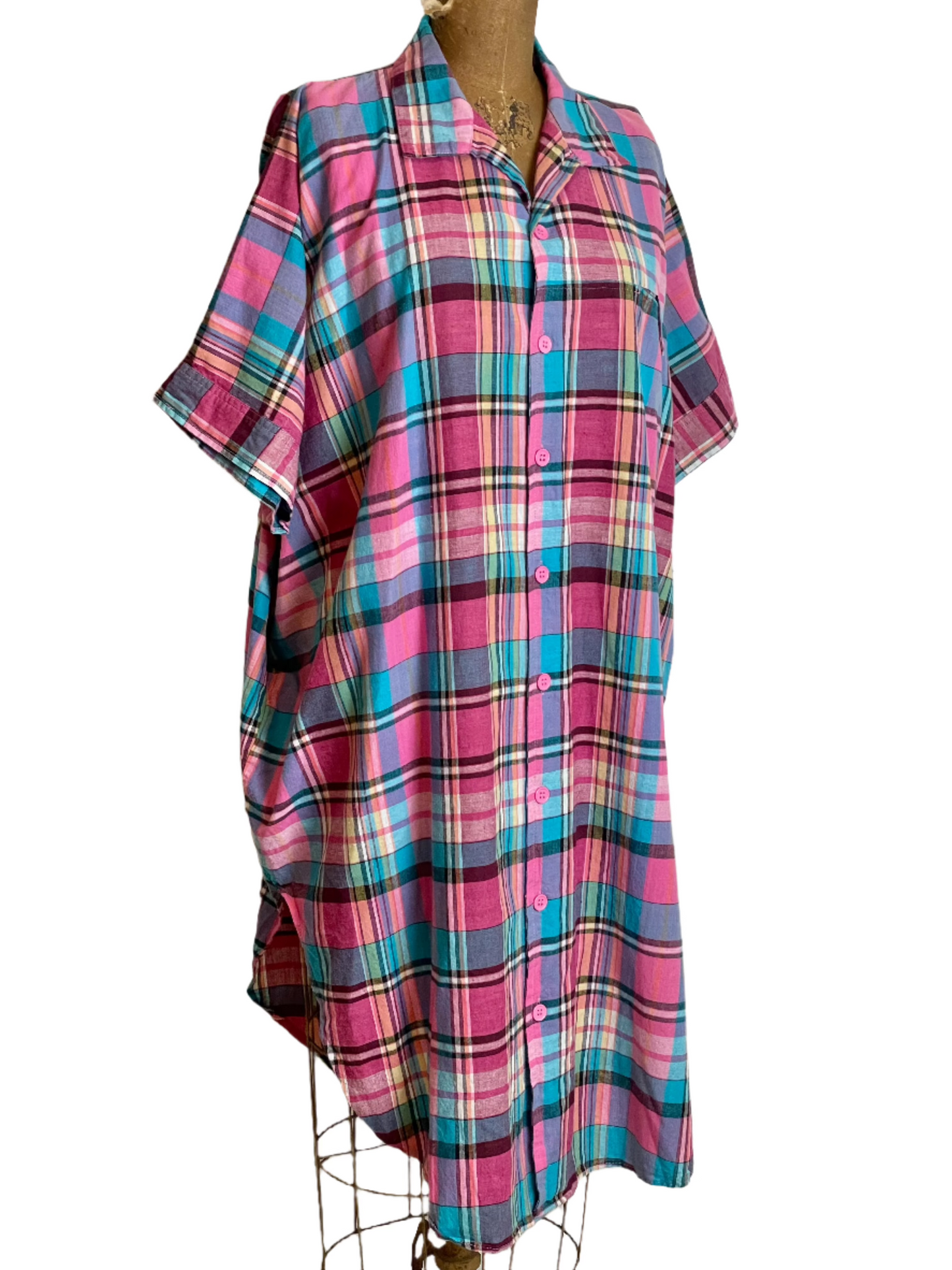 1980s Madras Pink Plaid Shirt Dress