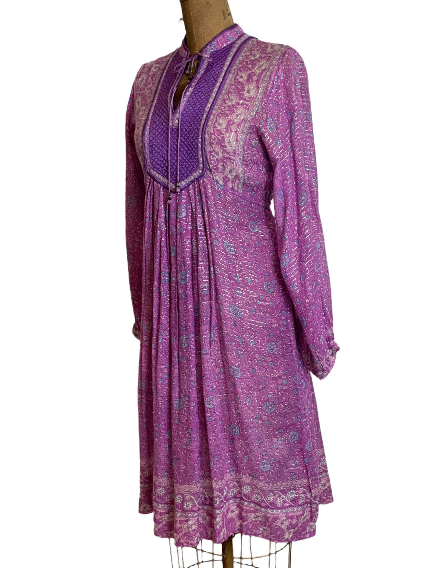 '70s Vintage Purple India Gauze Block Print Dress