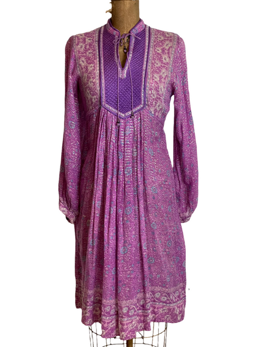 '70s Vintage Purple India Gauze Block Print Dress