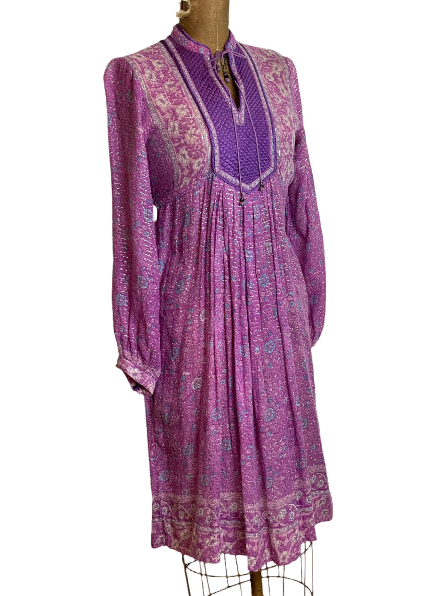 '70s Vintage Purple India Gauze Block Print Dress