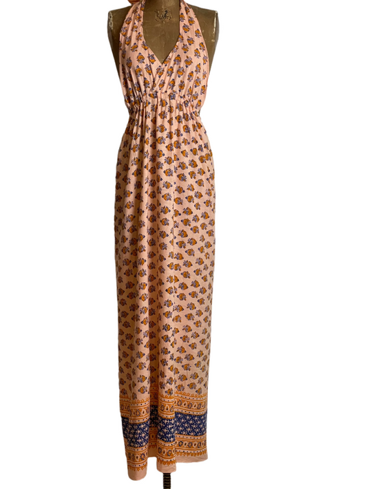 Indian Cotton Block Print Peach Halter Maxi Dress - Sm/Med